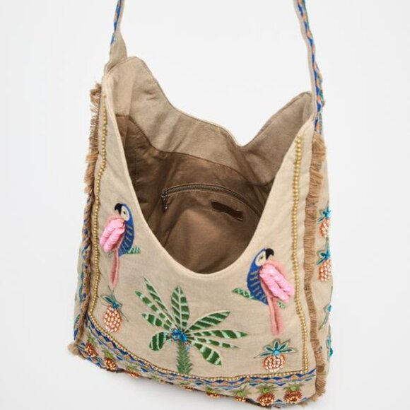 NEW ZARA Beaded Shopper Parrot Ananas Summer Tropical Scene Shoulder Hobo Bag - Picture 5 of 8